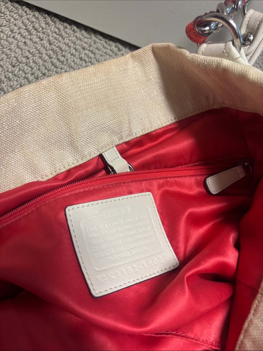 Coach Coral and Cream Floral Canvas Tote with Chain-Detail Straps - Picture 6 of 6